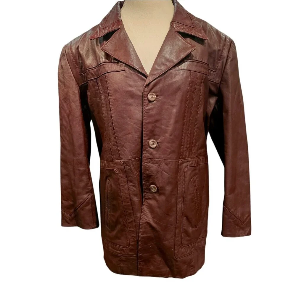 70s Dark Cherry Red Brown Leather‎ Coat Removable Sherpa Liner Sz 50 XL Disco